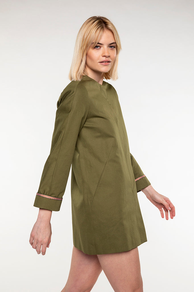 Manteau LANGEAIS-Manteau sans col en coton et lin vert kaki