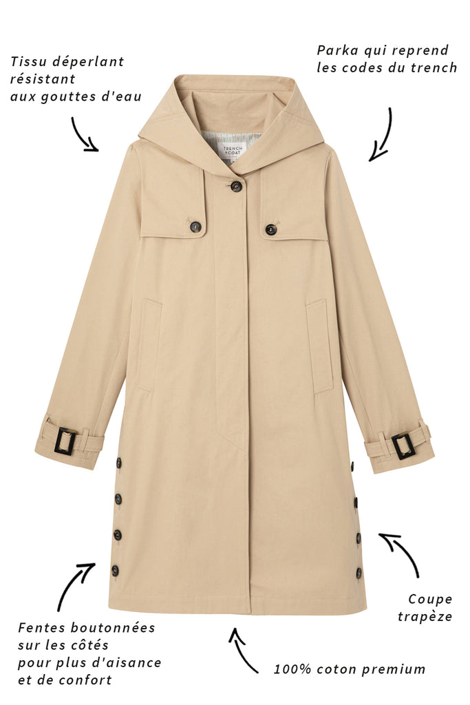 Trench BASSANE-Trench à capuche esprit redding avec fentes boutonnées sur les cotés beige