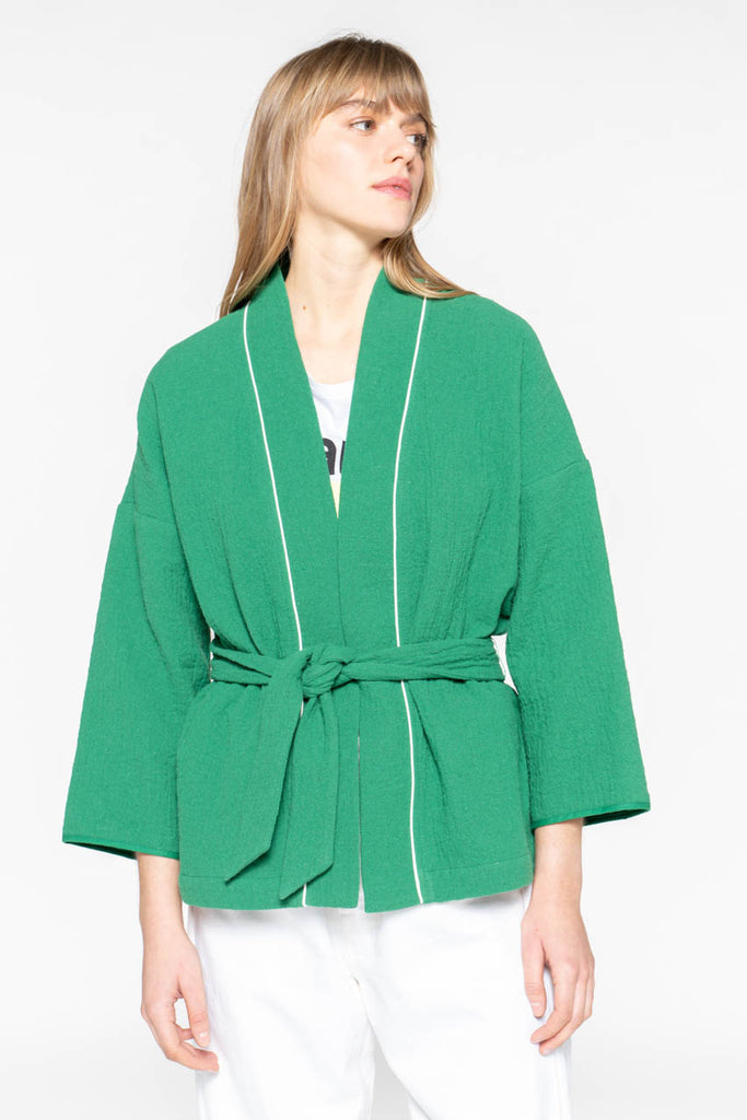 Veste VIVONNE-Veste kimono ceinturé en coton vert