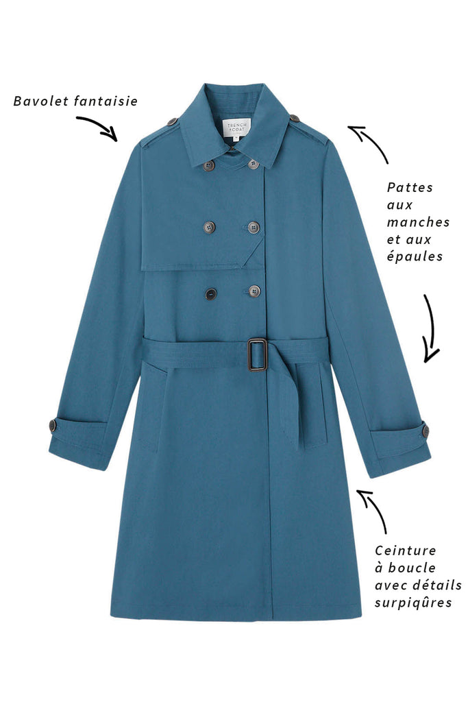 Trench CHAMAS-Trench authentique en pur coton bleu pétrole