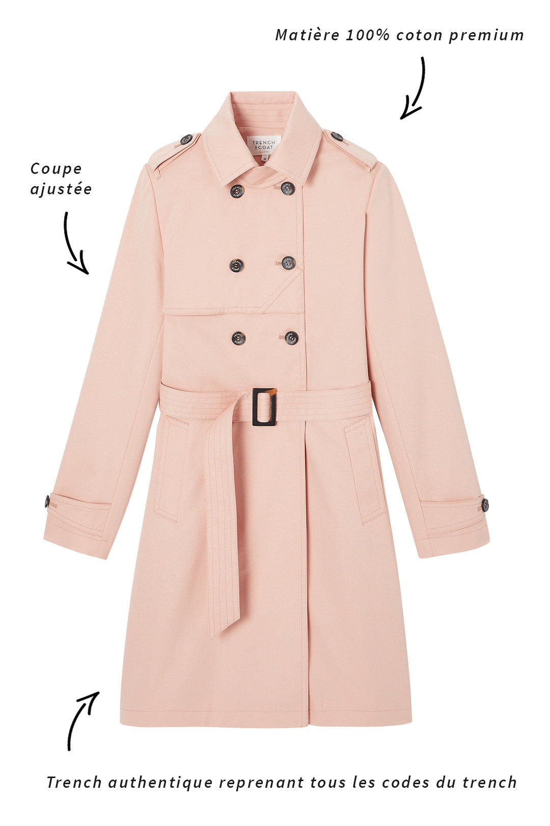CHAMAS-Trench authentique en pur coton rose poudrée