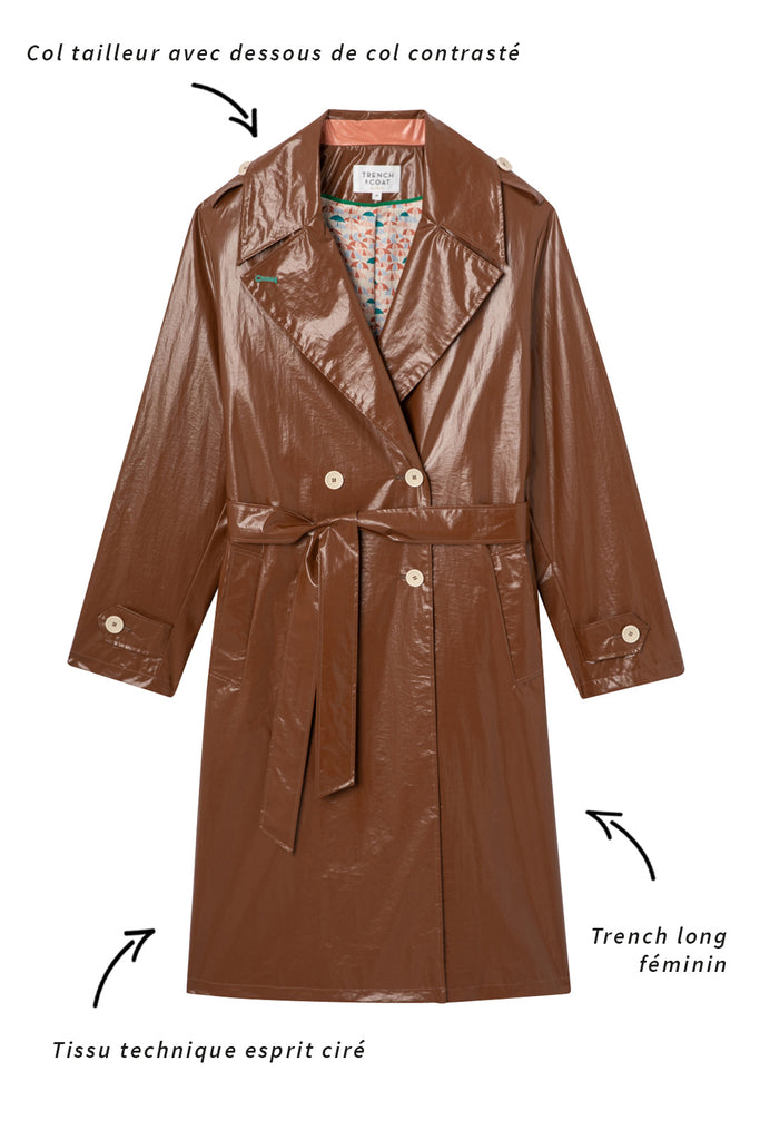 Trench CHARRON-Trench long ceinturé esprit ciré marron glacé