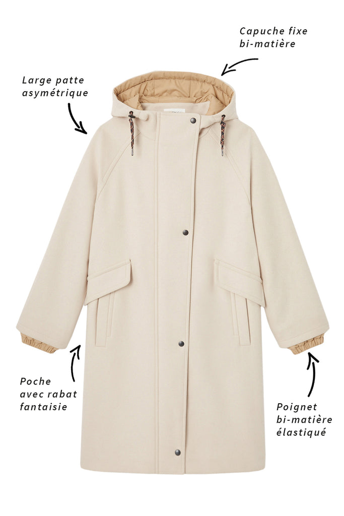Parka CORBES-Parka à capuche en drap de laine beige