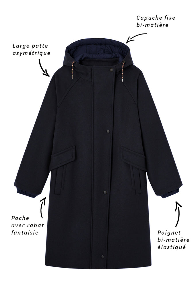 Parka CORBES-Parka à capuche en drap de laine bleu marine