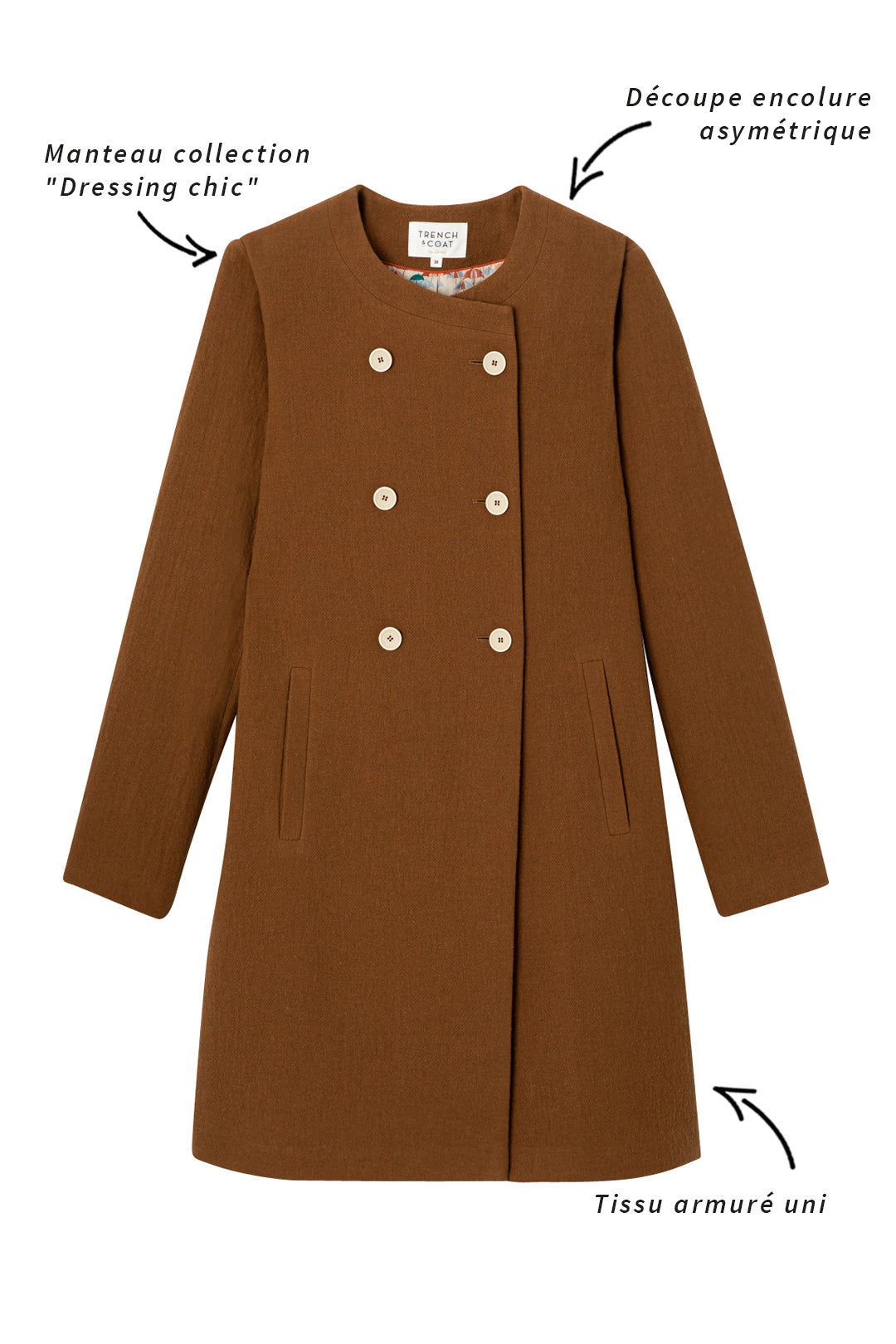 Manteau FELCE-Manteau sans col uni en coton marron glacé