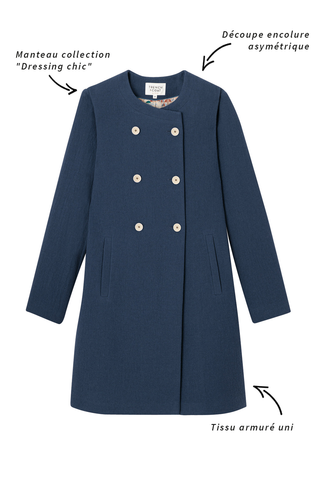 Manteau FELCE-Manteau sans col uni en coton bleu marine