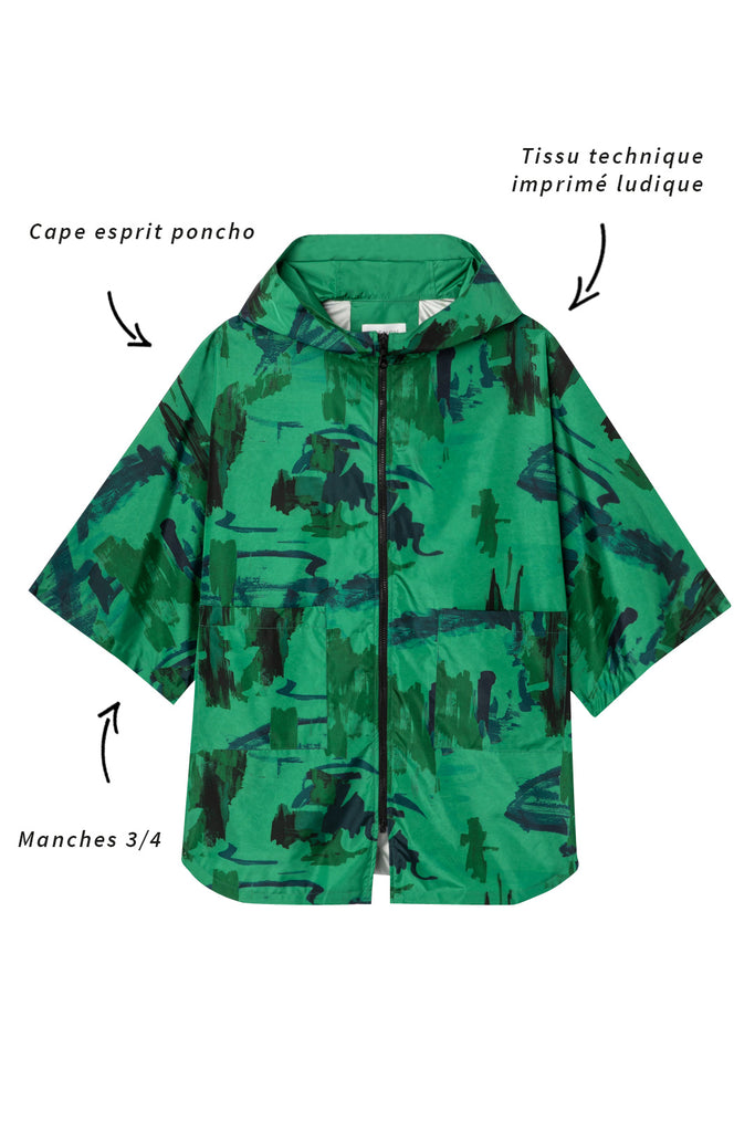 Cape LAVOILE-Cape esprit poncho à capuche fixe imprimé vert