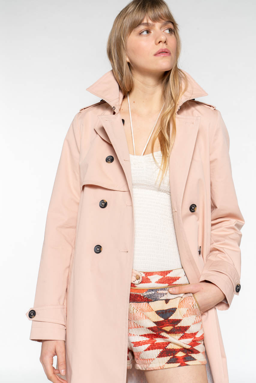 CHAMAS-Trench authentique en pur coton rose poudrée