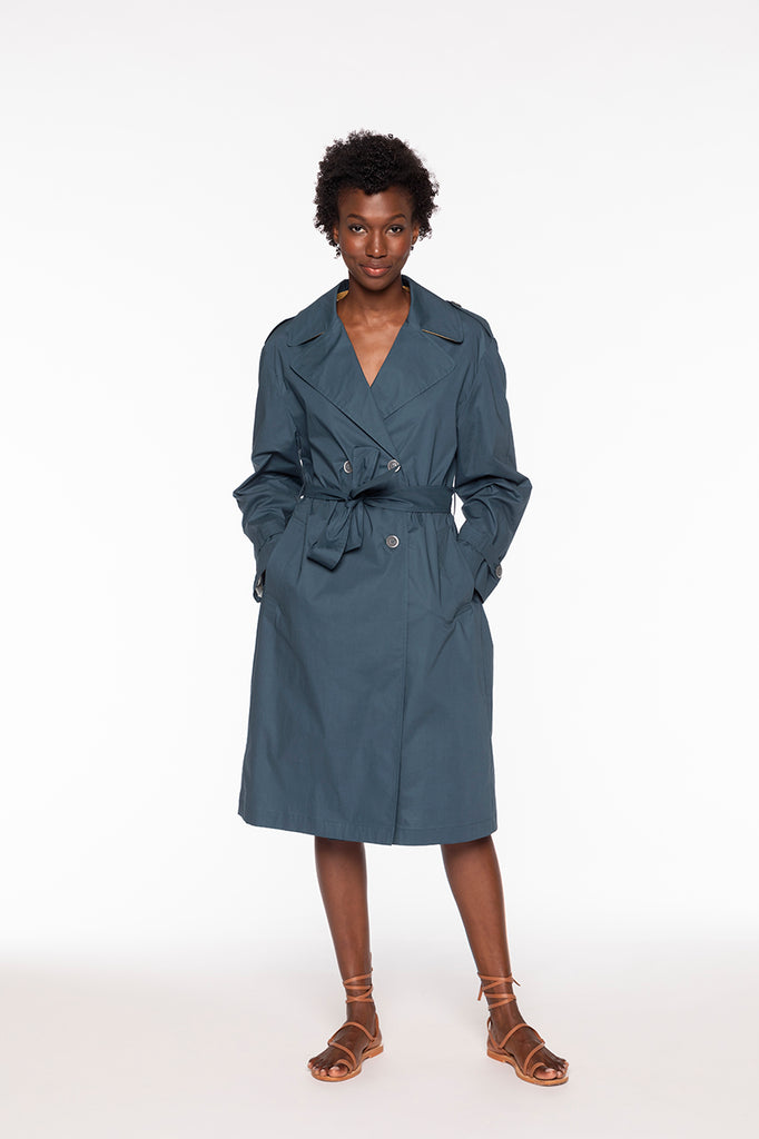 OZEVILLE-Long peacock blue trench coat with belt