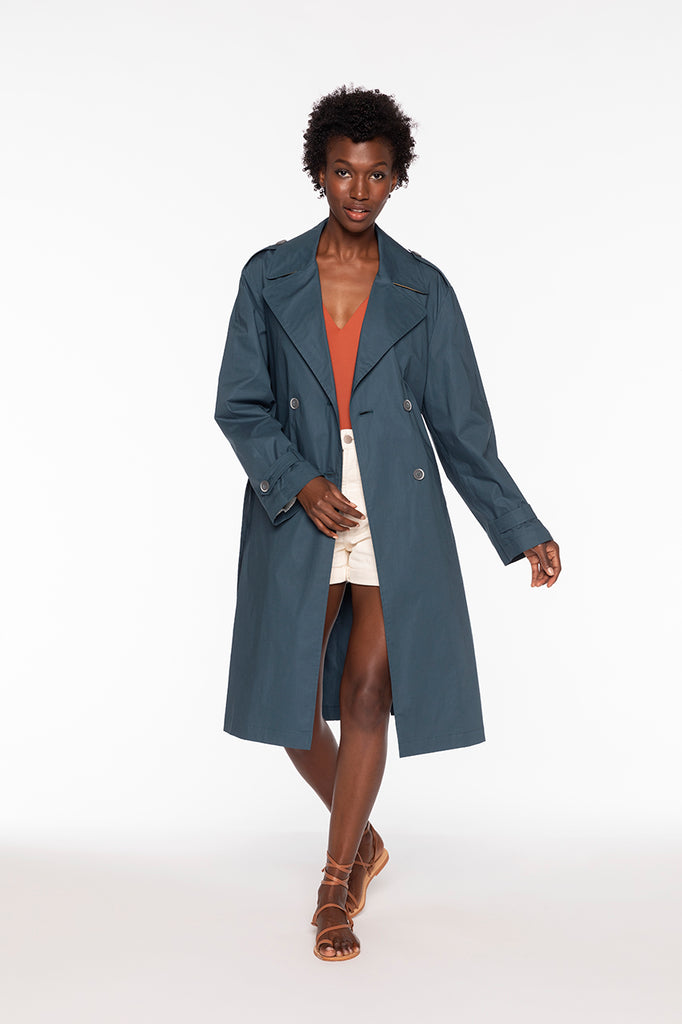 OZEVILLE-Long peacock blue trench coat with belt