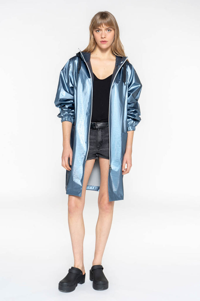 Parka LAFLOTTE-Longue parka bleu acier à capuche généreuse
