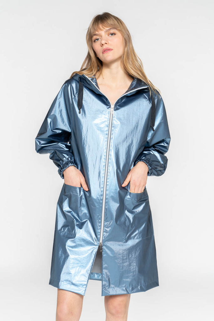 Parka LAFLOTTE-Longue parka bleu acier à capuche généreuse