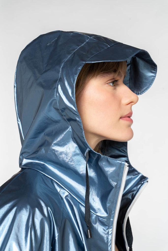 Parka LAFLOTTE-Longue parka bleu acier à capuche généreuse