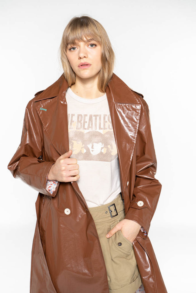 Trench CHARRON-Trench long ceinturé esprit ciré marron glacé