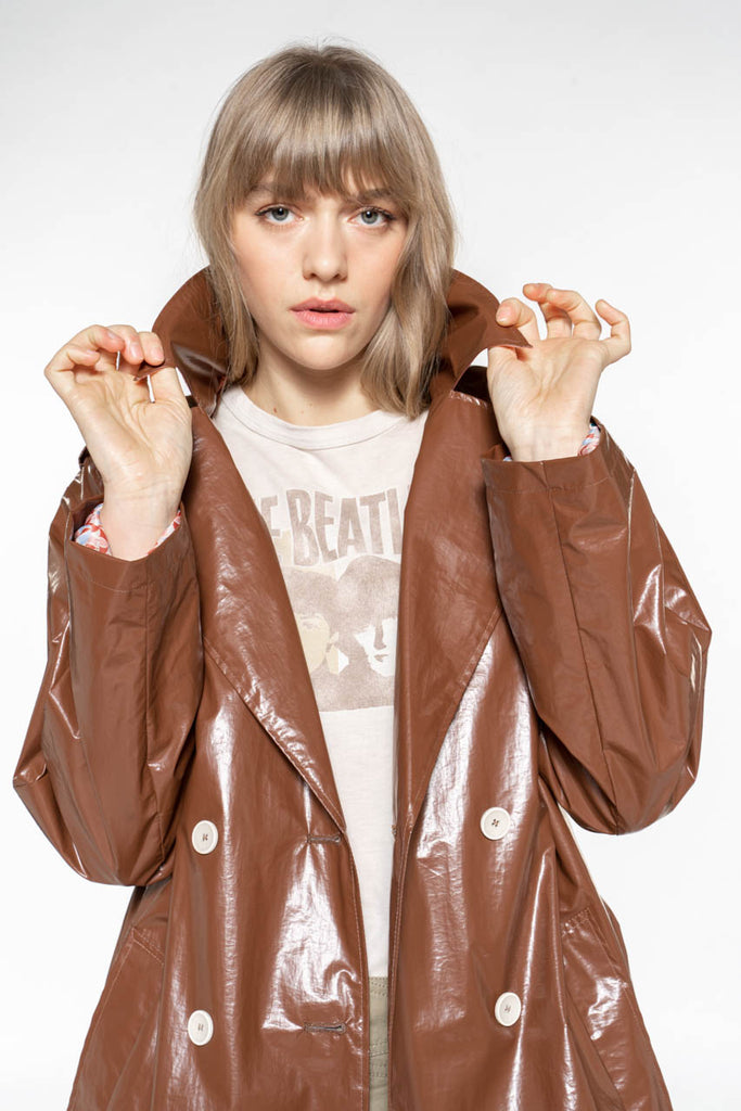 Trench CHARRON-Trench long ceinturé esprit ciré marron glacé