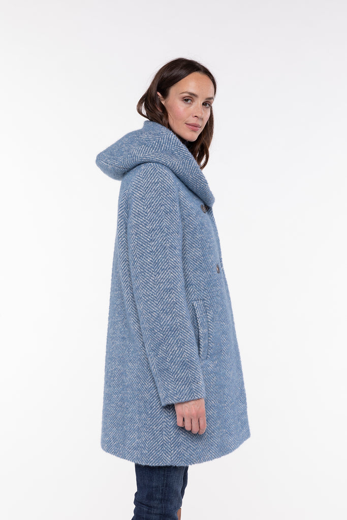 Manteau RICOUX-Manteau à capuche en alpaga et mohair bleu denim