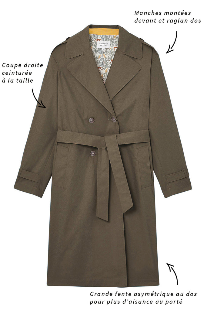 Trench OZEVILLE-Trench vert kaki long ceinturé
