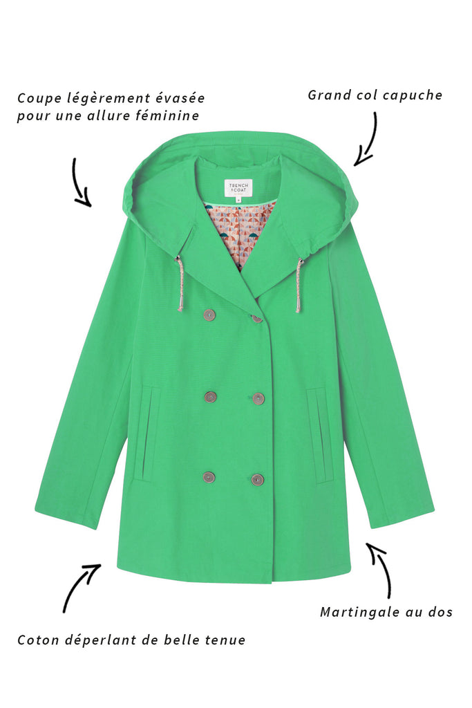 Parka QUIBERON-Parka courte à capuche  vert pomme avec détails de trench