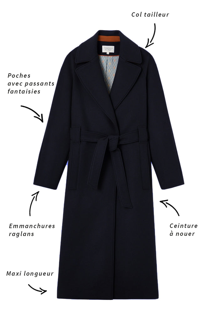 Manteau SAUMANE-Manteau long ceinturé en drap de laine bleu marine