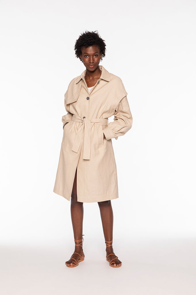 Trench CHAVIGNON-Trench robe beige ceinturé en coton et lin