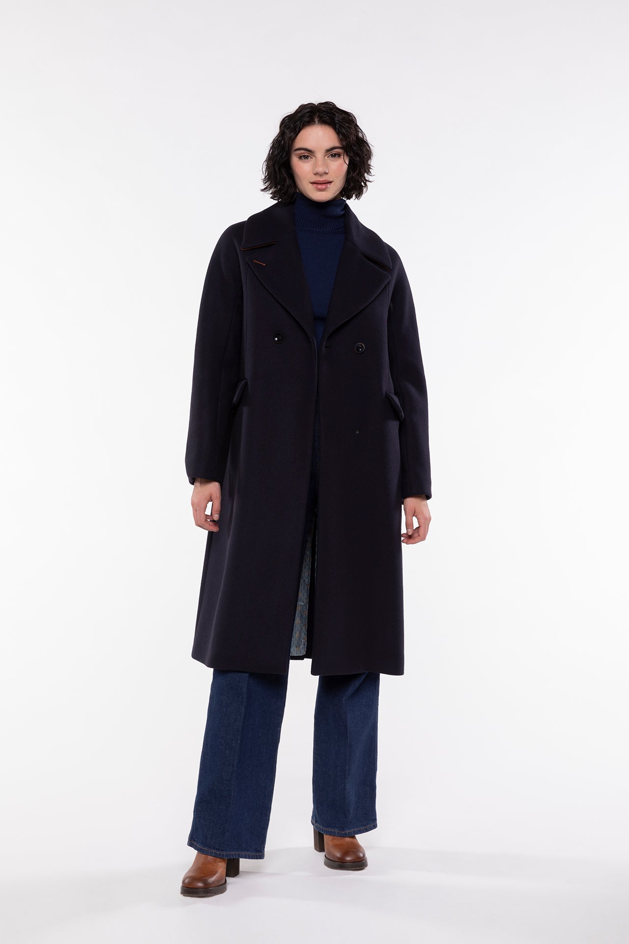 Pardessus femme droit drap de laine bleu marine Trench Coat