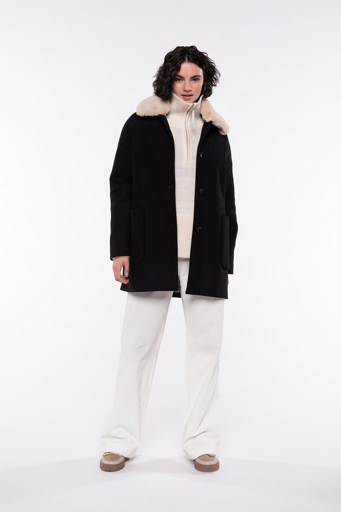 Manteau COSTAROS-Manteau court en drap de laine noir