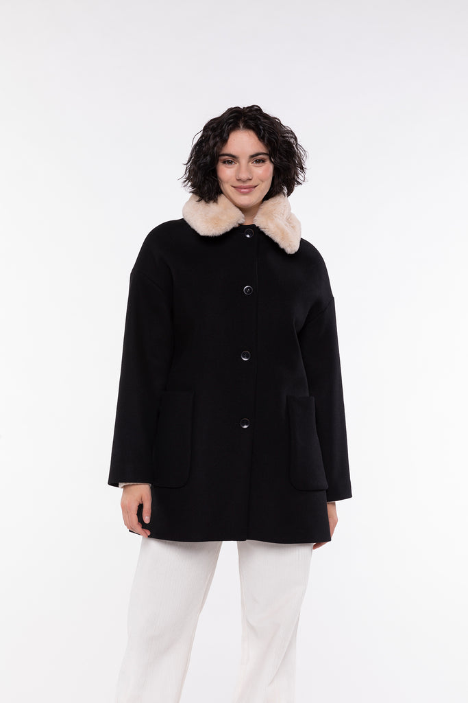 Manteau COSTAROS-Manteau court en drap de laine noir
