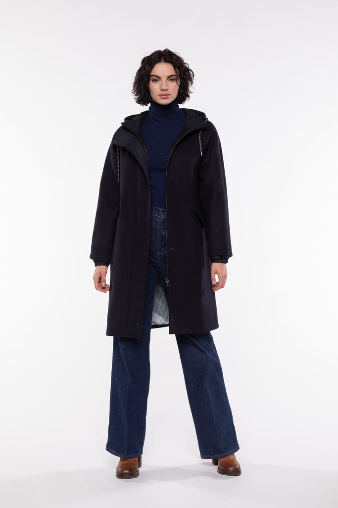 Parka CORBES-Parka à capuche en drap de laine bleu marine