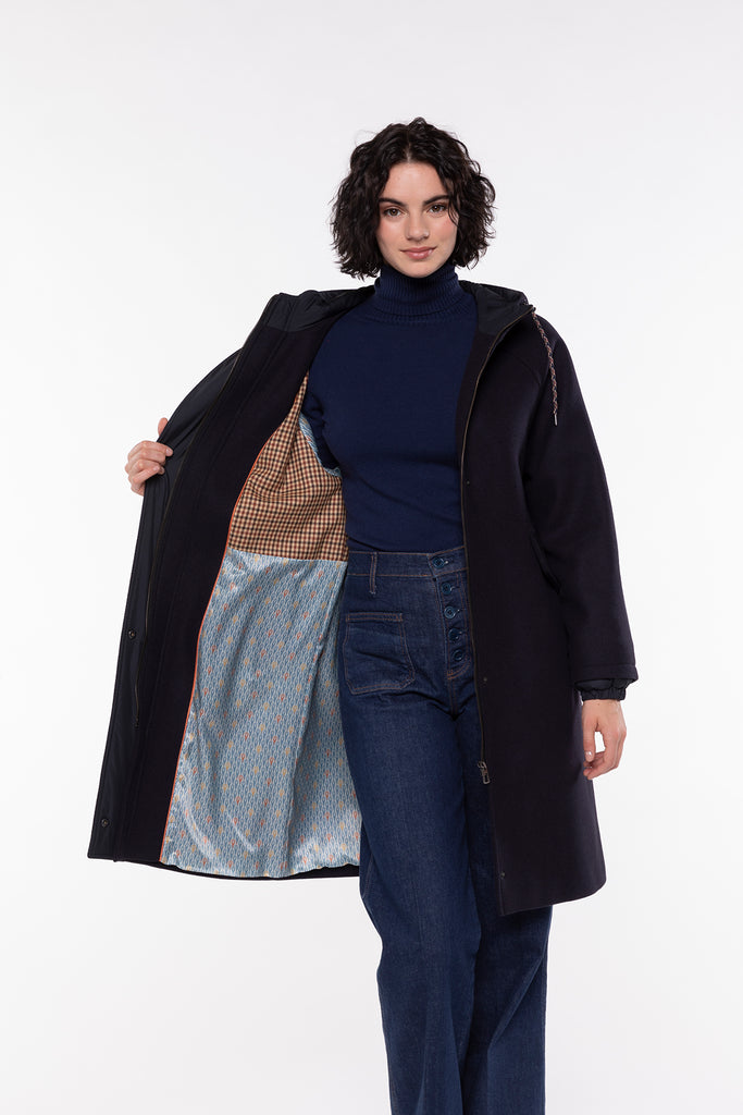 Parka CORBES-Parka à capuche en drap de laine bleu marine
