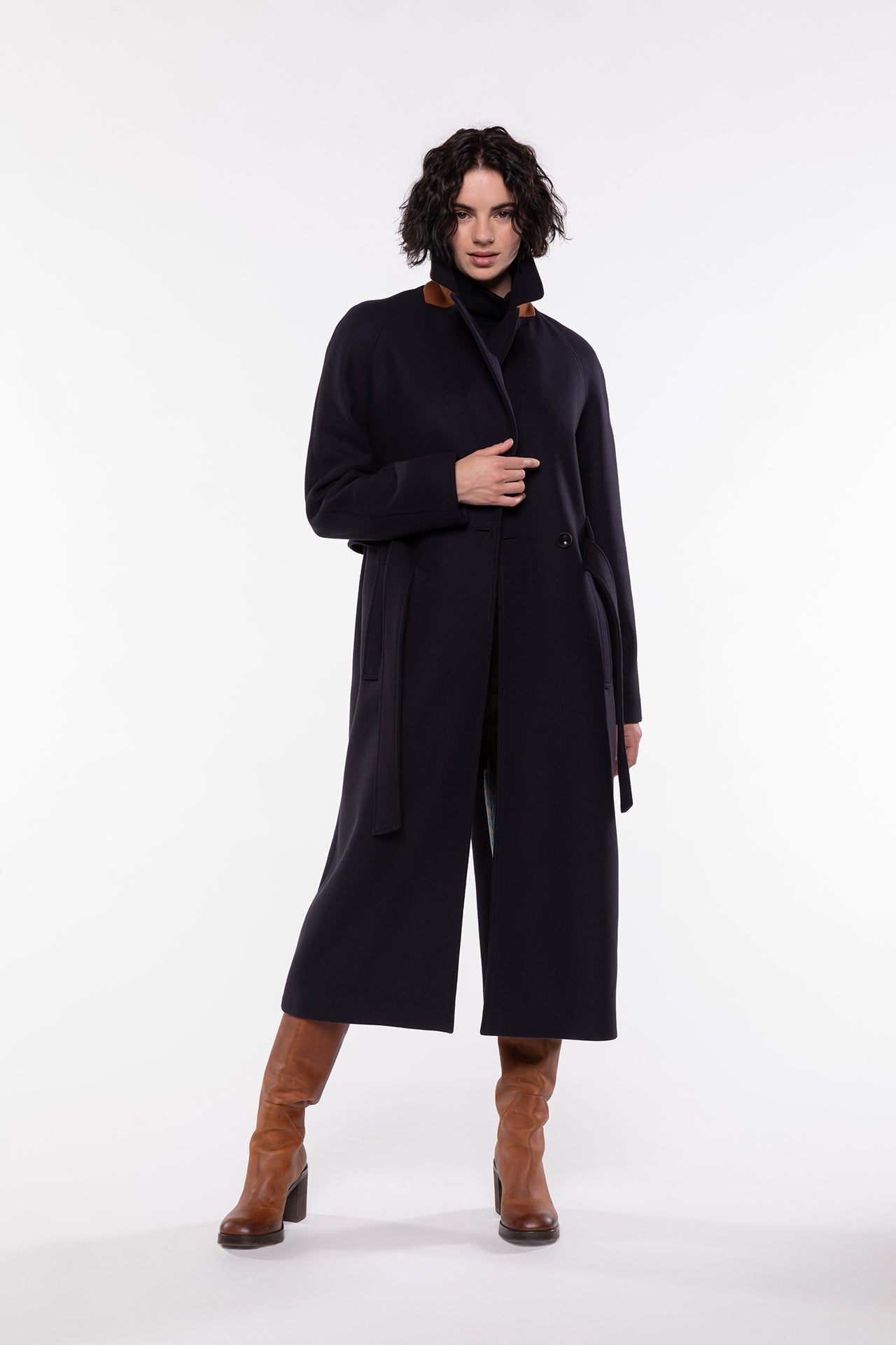 Manteau long ceintur femme laine vierge bleu marine Trench Coat