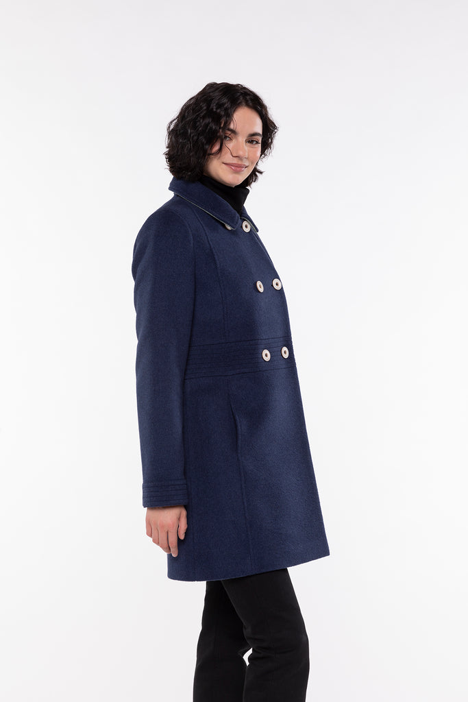 COLMIER-Manteau féminin ceintré en drap de laine chiné bleu océan