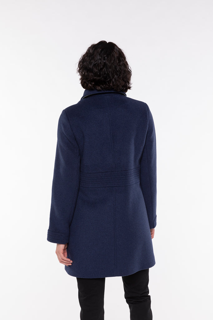 COLMIER-Manteau féminin ceintré en drap de laine chiné bleu océan