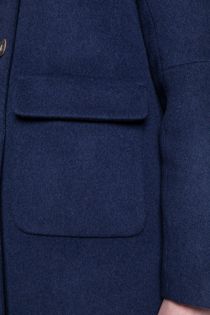 MOUZON-Manteau évasé en drap de laine chiné bleu océan