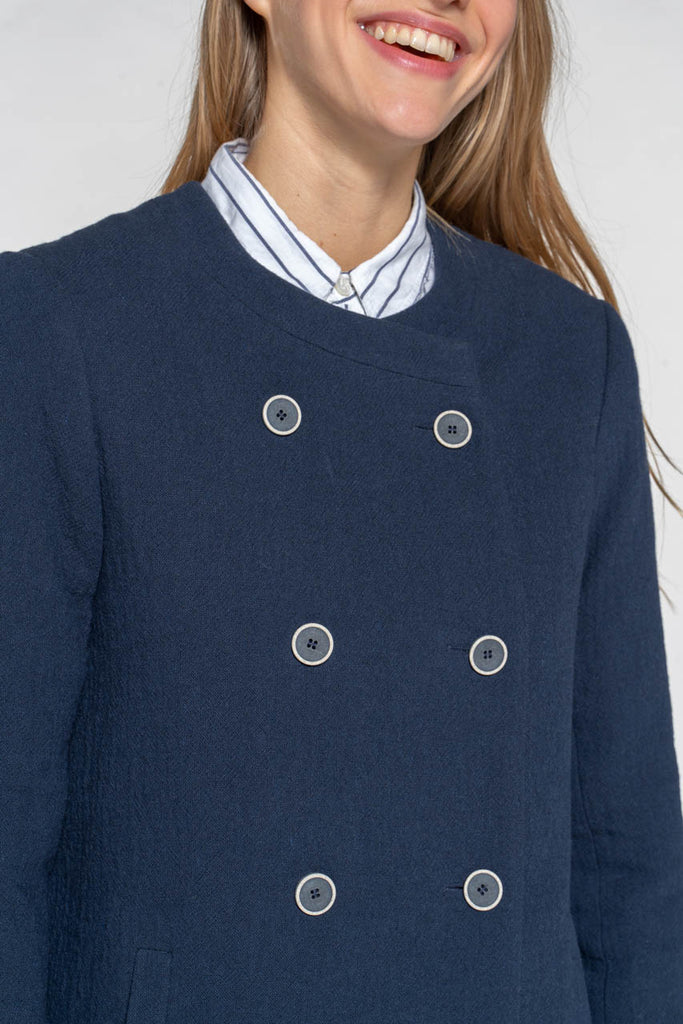 Manteau FELCE-Manteau sans col uni en coton bleu marine
