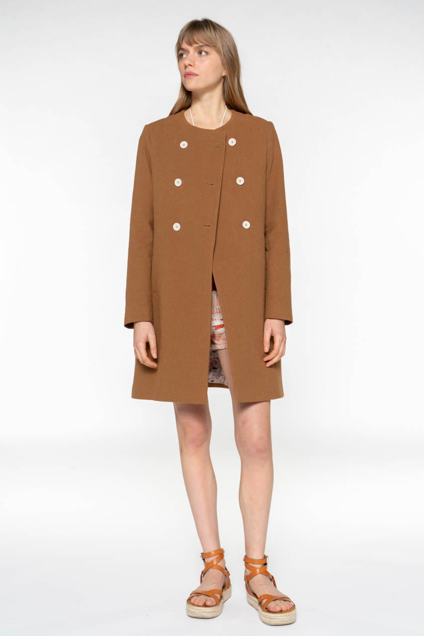 Manteau FELCE-Manteau sans col uni en coton marron glacé