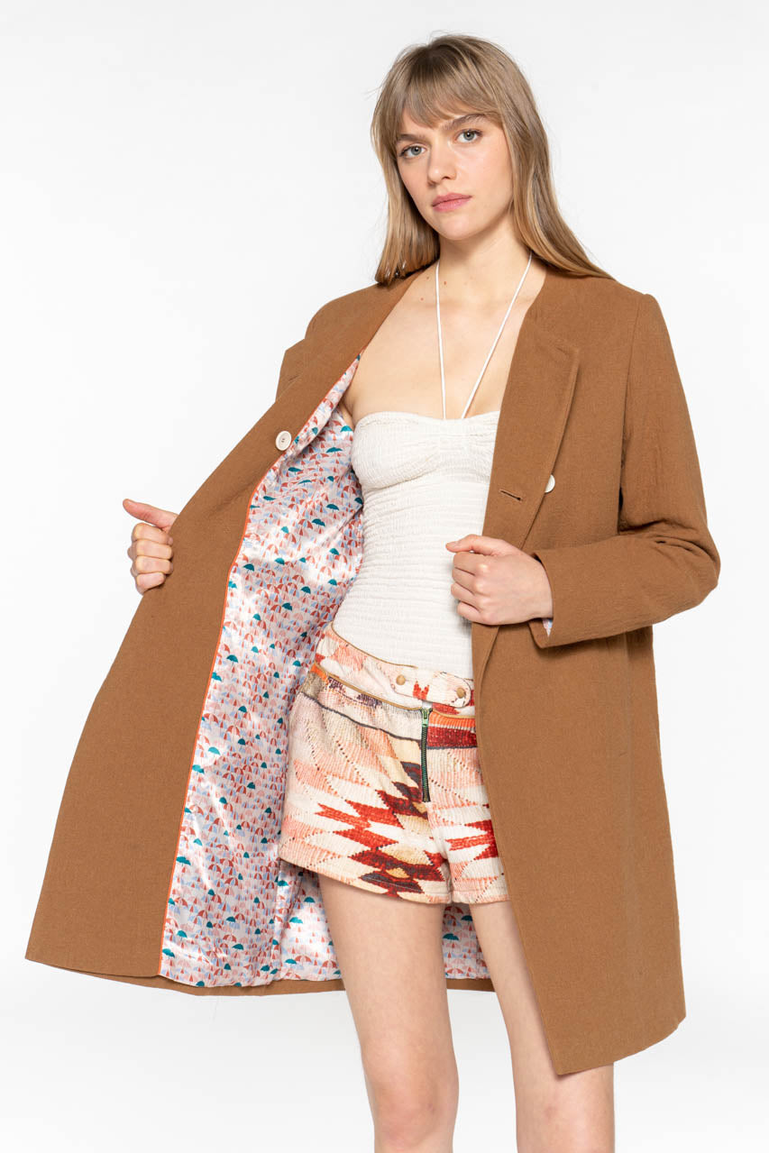 FELCE coat-Plain collarless coat in iced brown cotton