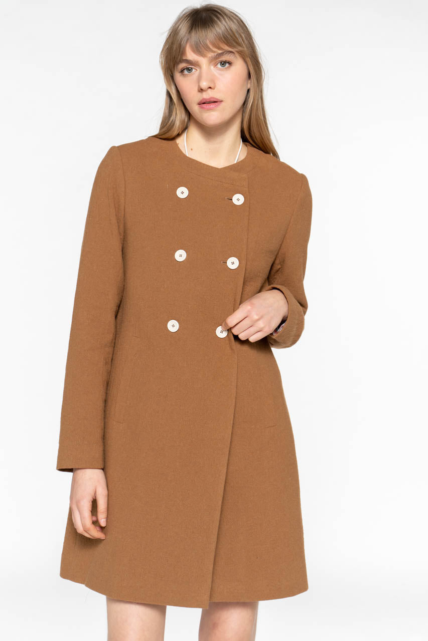FELCE coat-Plain collarless coat in iced brown cotton