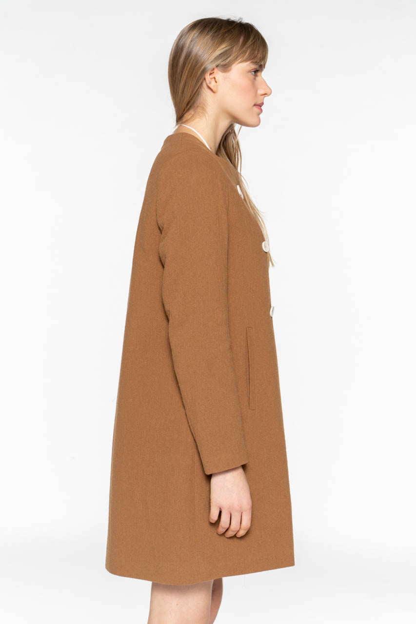FELCE coat-Plain collarless coat in iced brown cotton