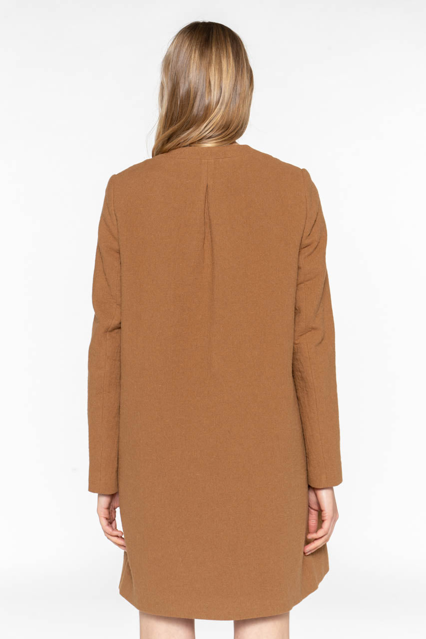 FELCE coat-Plain collarless coat in iced brown cotton
