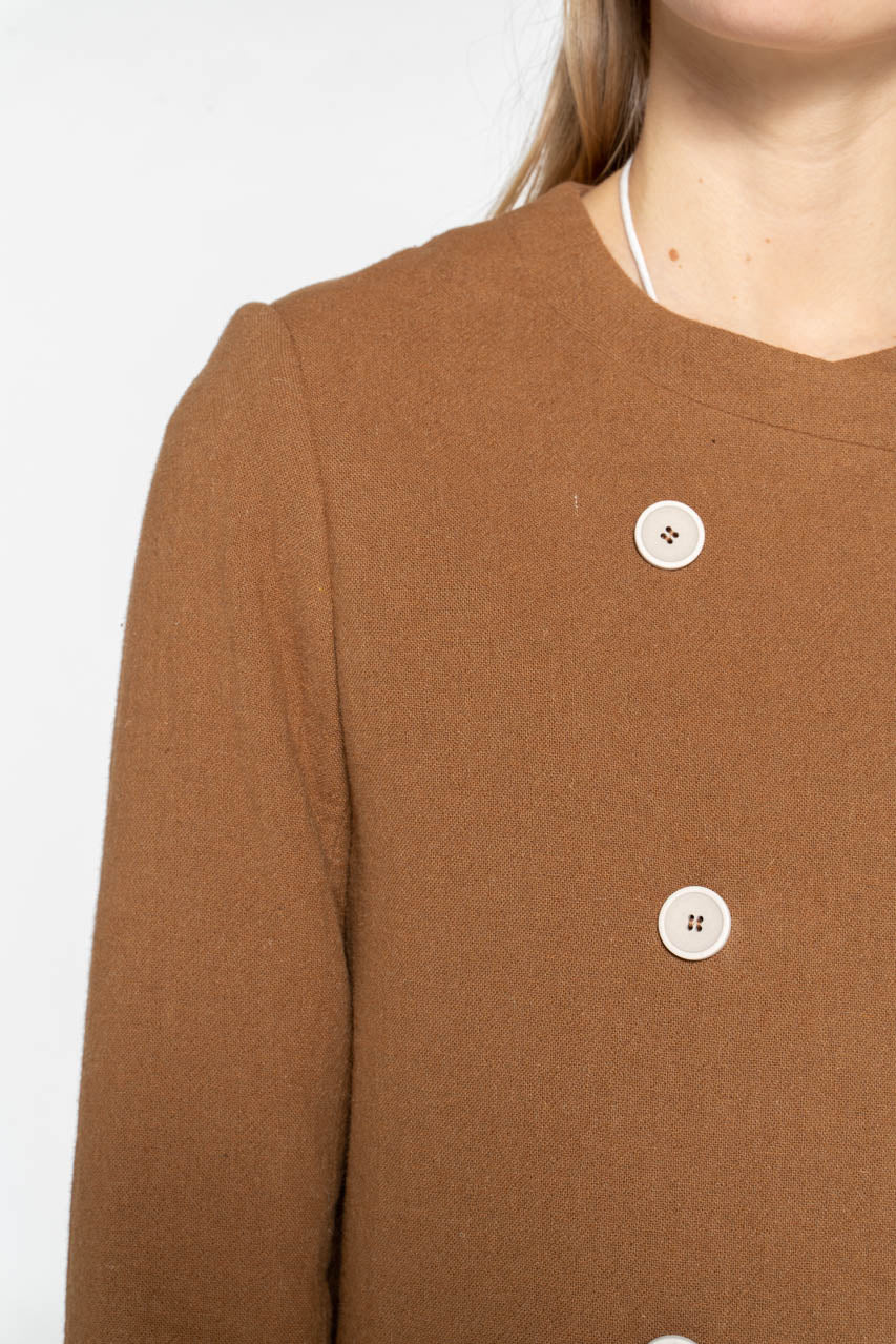 FELCE coat-Plain collarless coat in iced brown cotton