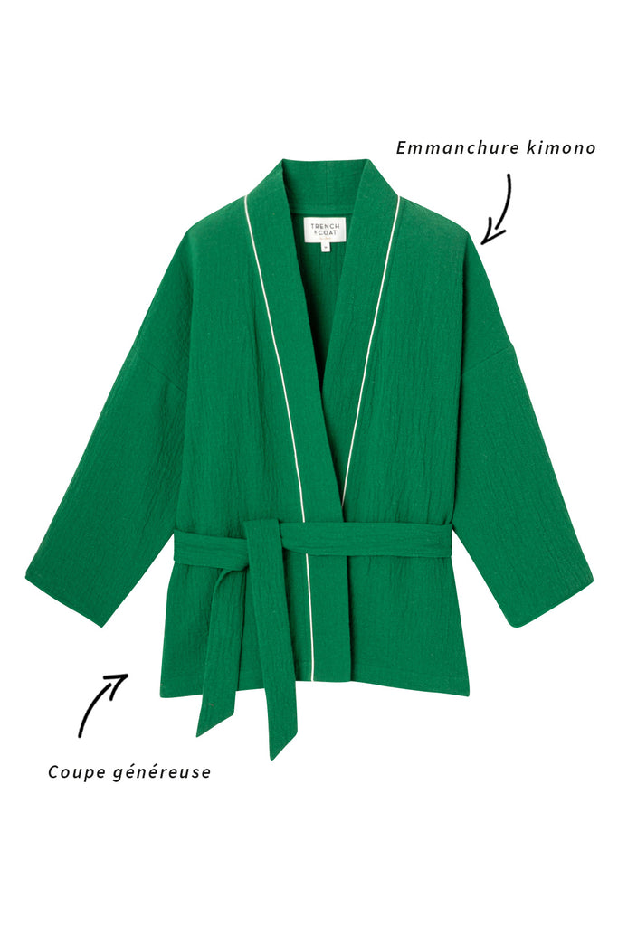 Veste VIVONNE-Veste kimono ceinturé en coton vert
